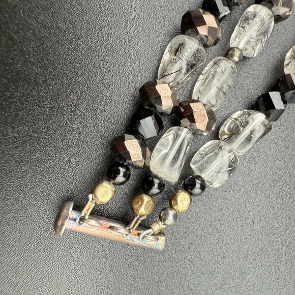 Multistrand Rutile Quartz & Glass Bead Bracelet 925 Sterling Silver Toggle Clasp - Picture 2 of 8